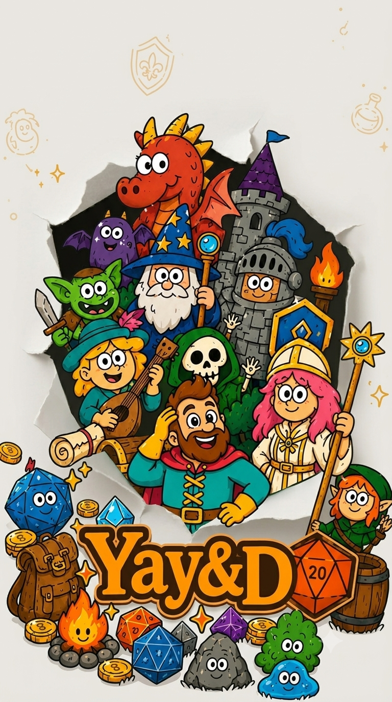 A cheerful illustrated adventuring party with a dragon, wizard, goblin, bard, knight, and colorful dice.